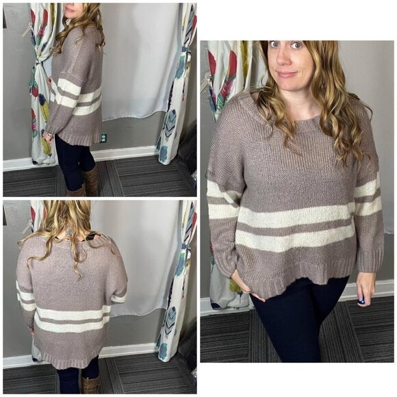 Charlotte Russe tan and cream striped knit oversized sweater.  Sz L - Picture 1 of 8